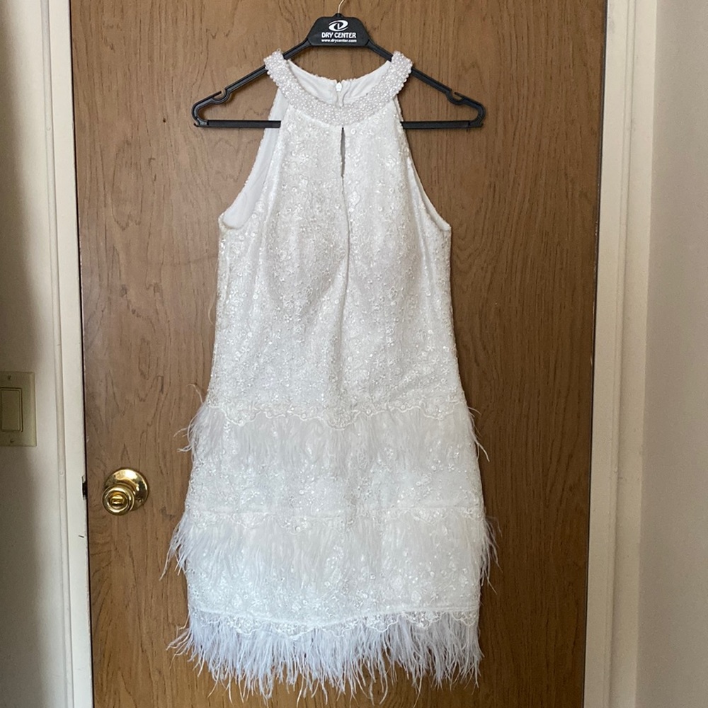 Mini dress with stones and feather. I used as a after party dress. Dry cleaned